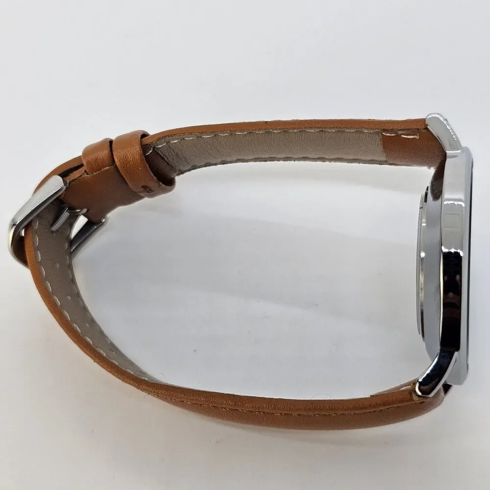 Men's Watch Minimalist 40MM Gray Case Blue Dial Date Light‎ Brown Leather Straps